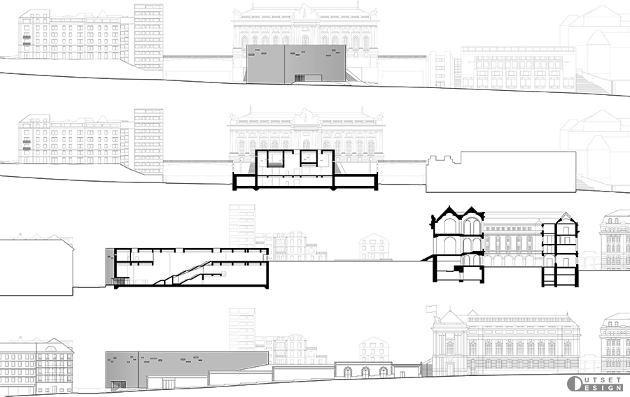 Outset Design Diaphragme Museum Extension Blueprint Elevations and sections